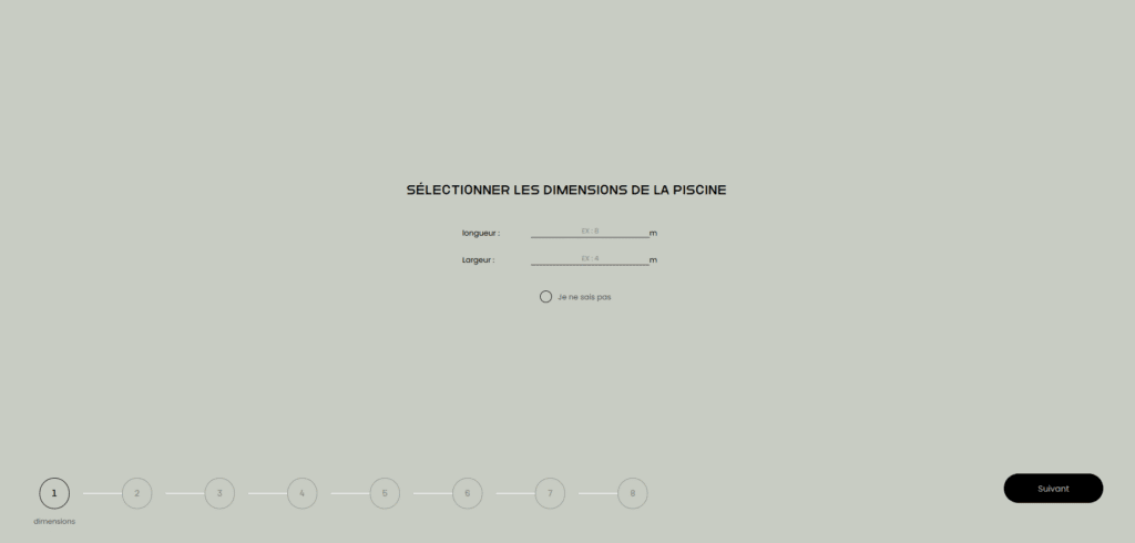 etape 1 de notre simulateur devis de piscine en ligne choix des dimentions